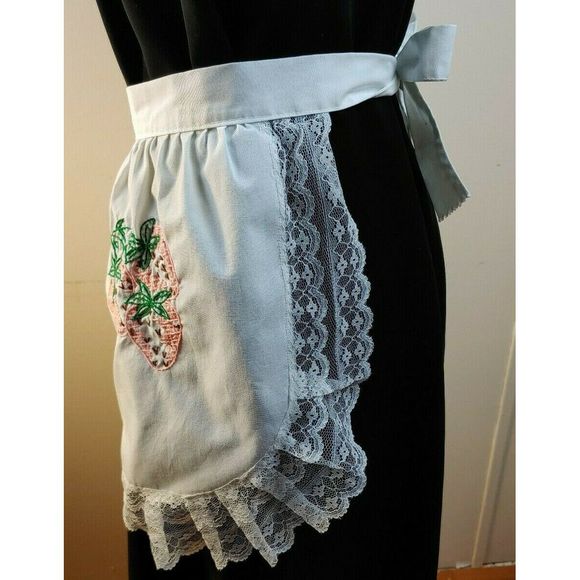 Half Apron Waist Tie White Lace Embroidered Fruit - Picture 2 of 5